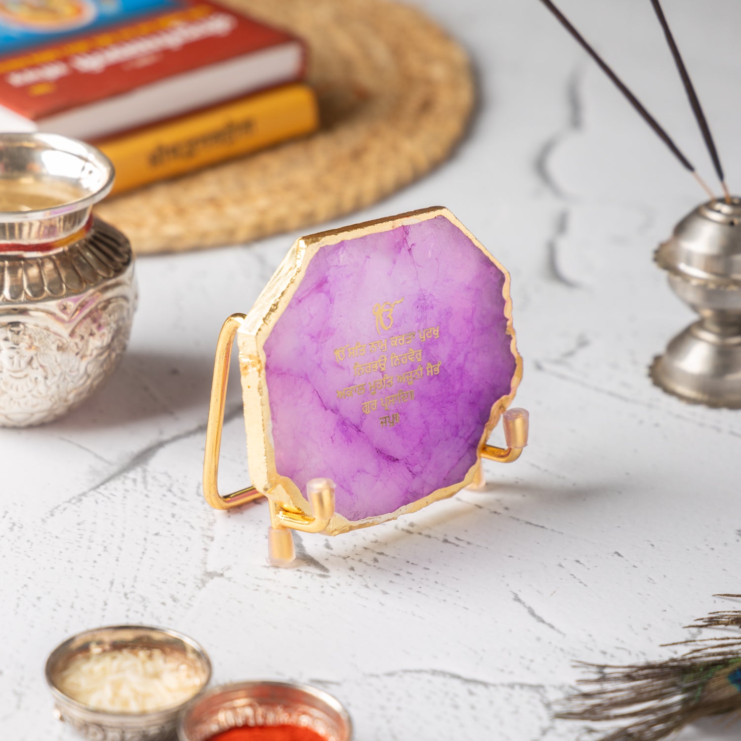 Ik Onkar Mantra Pink Agate Metal Showpeice