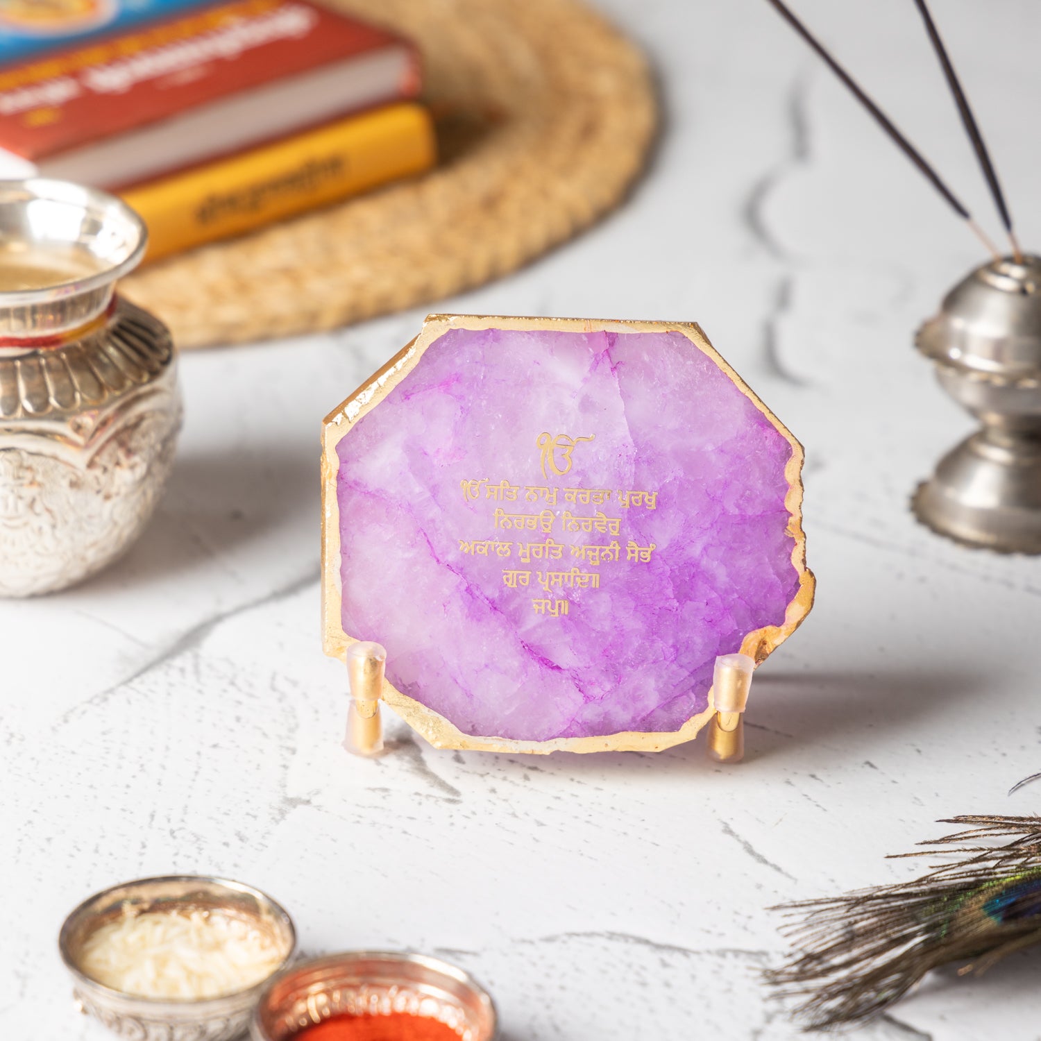 Ik Onkar Mantra Pink Agate Metal Showpeice