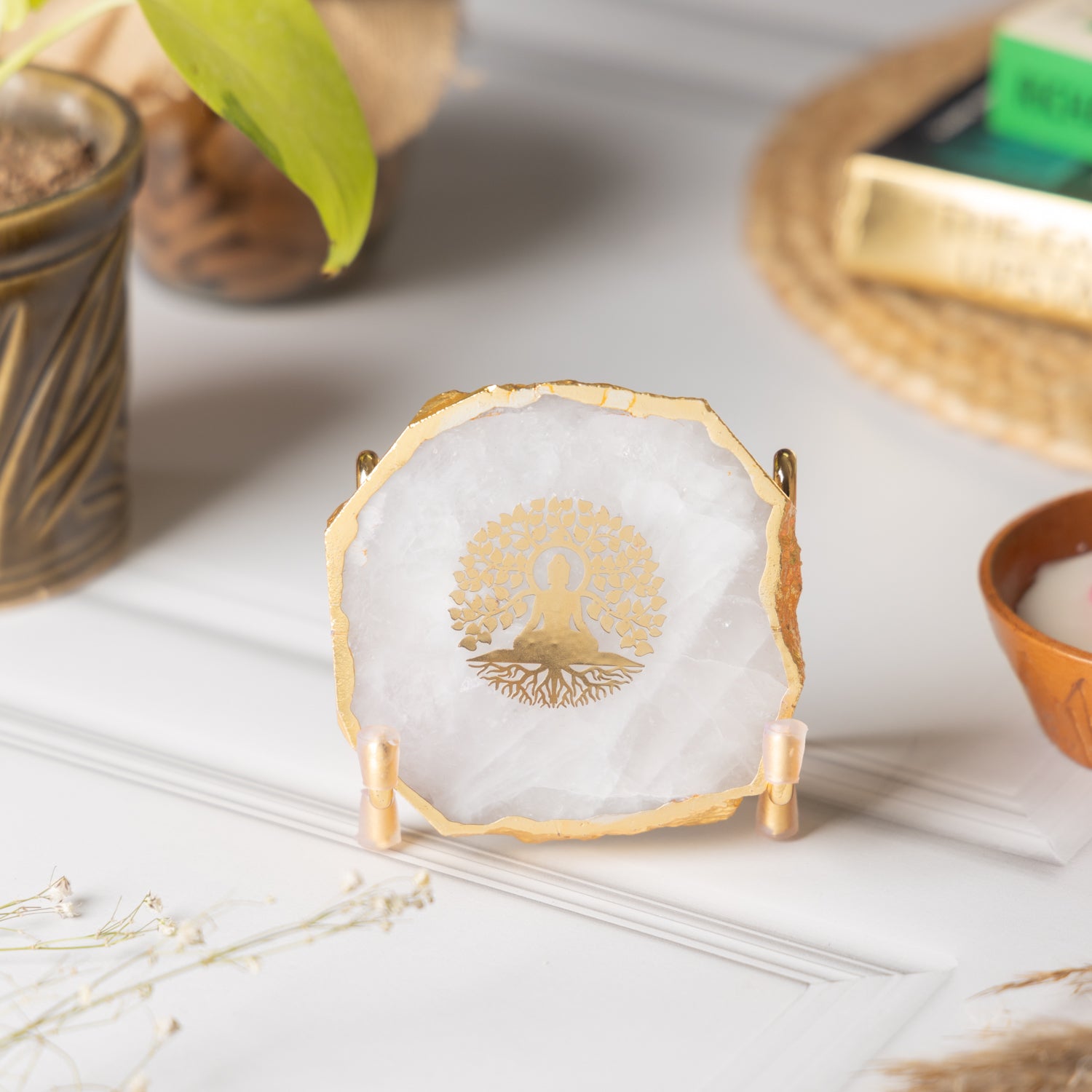 Budha Tree White Agate Metal Showpeice