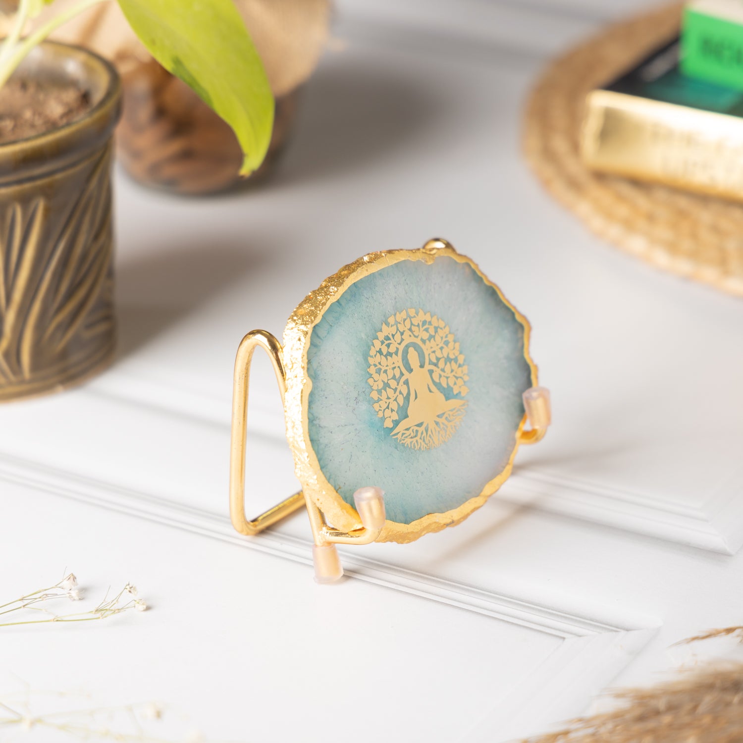 Budha Tree Green Agate Metal Showpeice