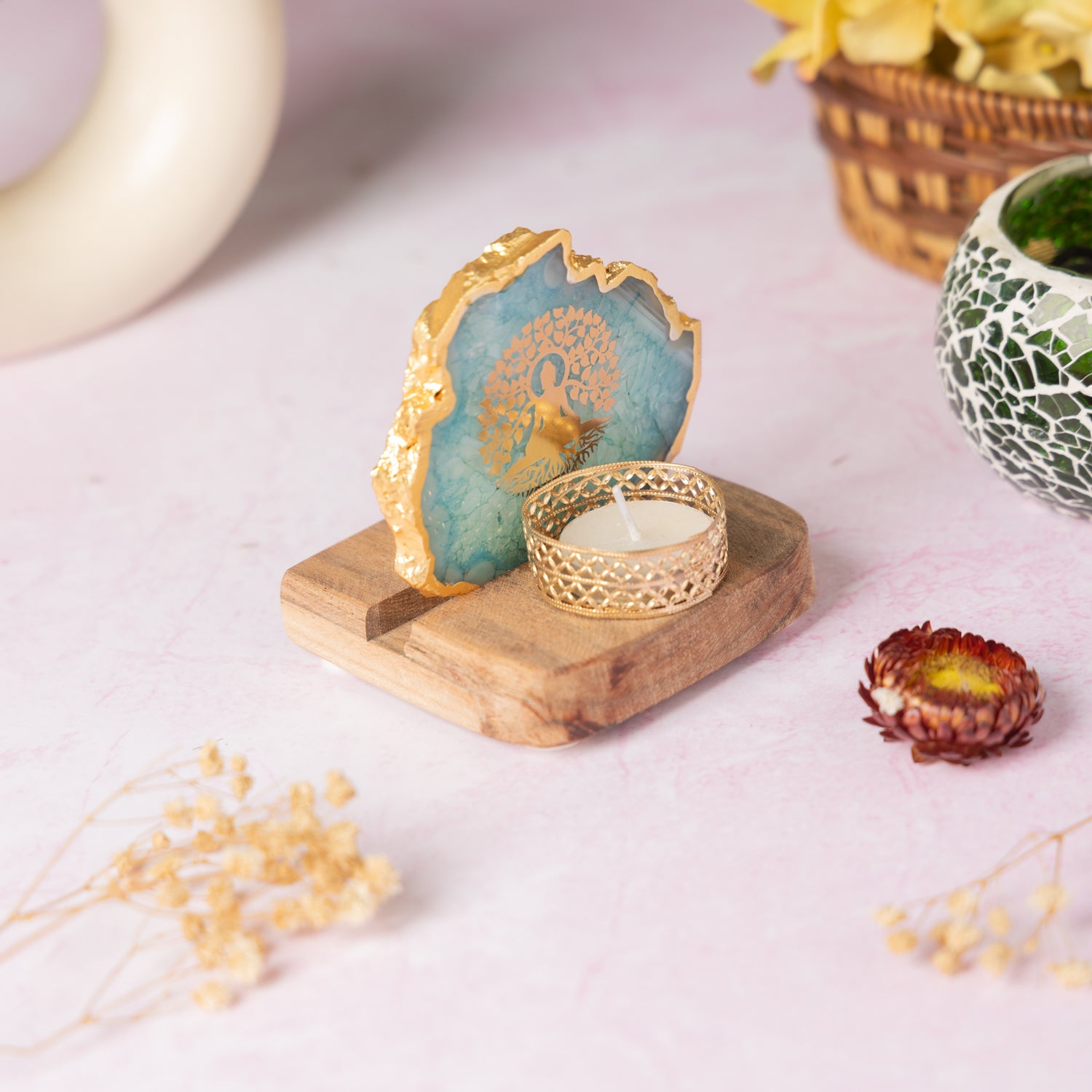 Budha Tree Turquoise Agate Tealight Wooden