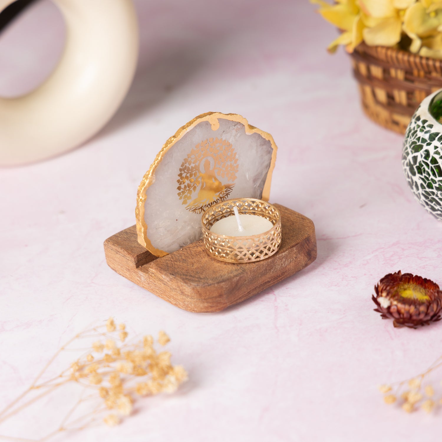 Budha Tree White Agate Tealight Wooden
