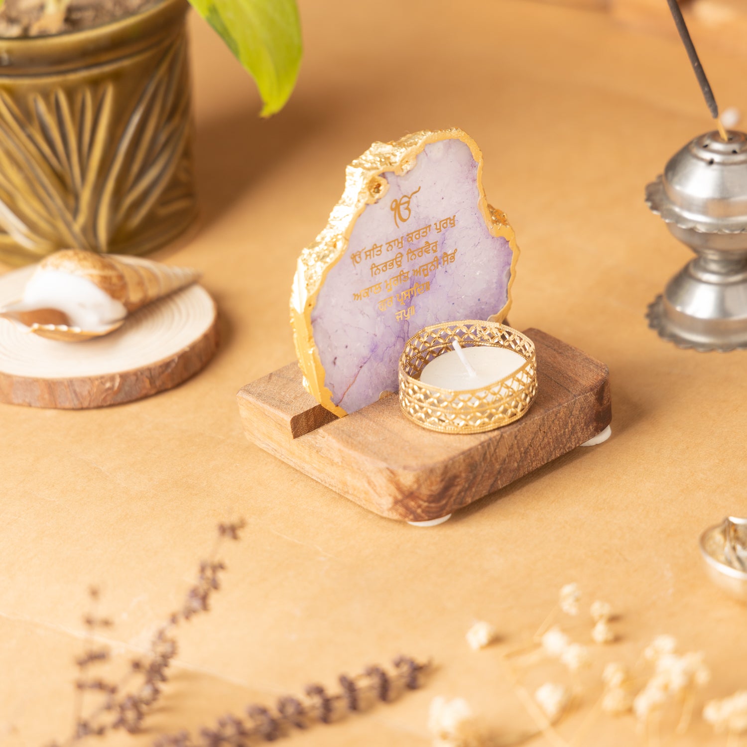 Ik Onkar Mantra Purple Agate Tealight Wooden