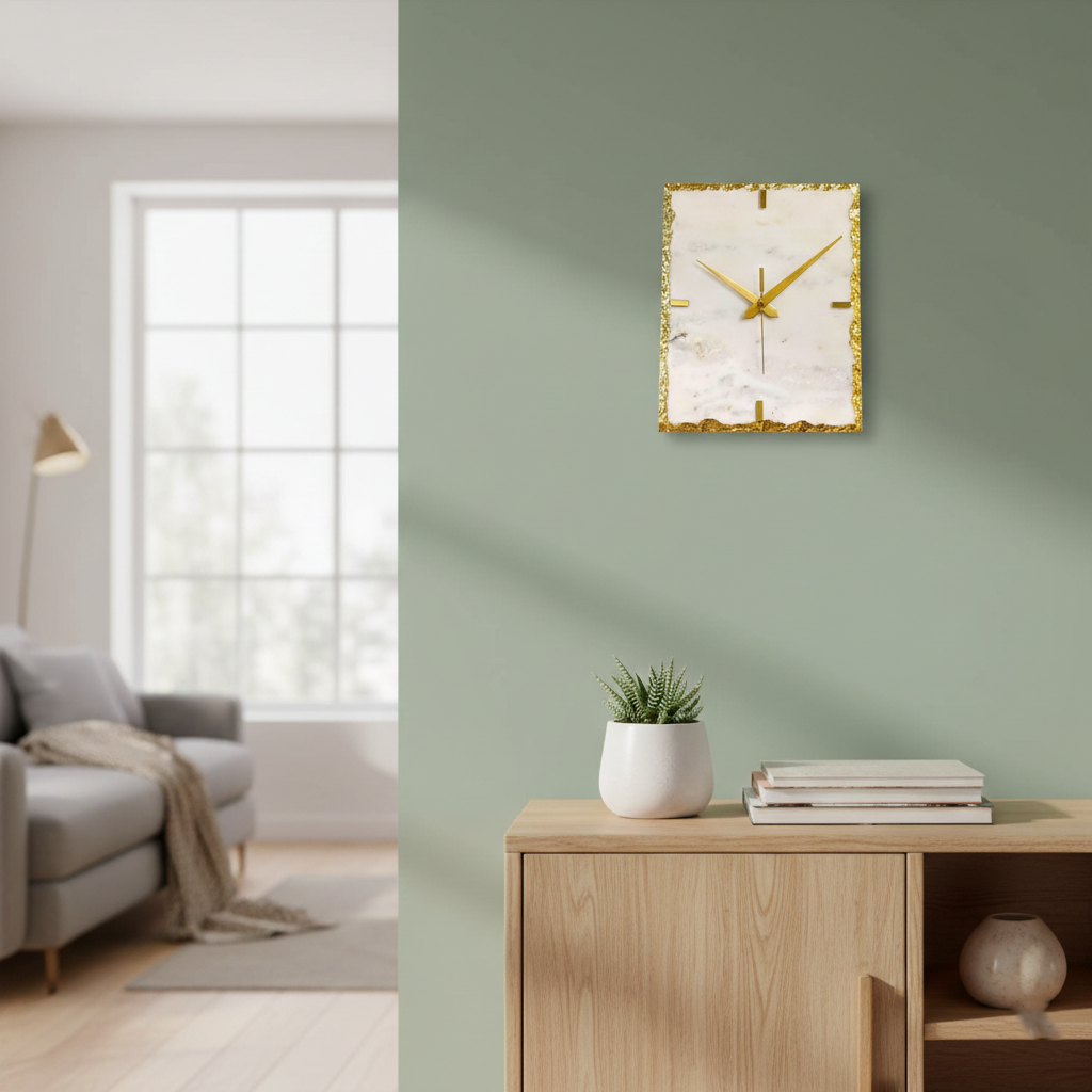 White Marble Rectangular Gold Leafing Wall Clock