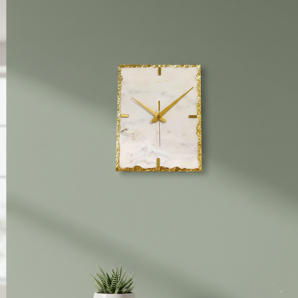 White Marble Rectangular Gold Leafing Wall Clock