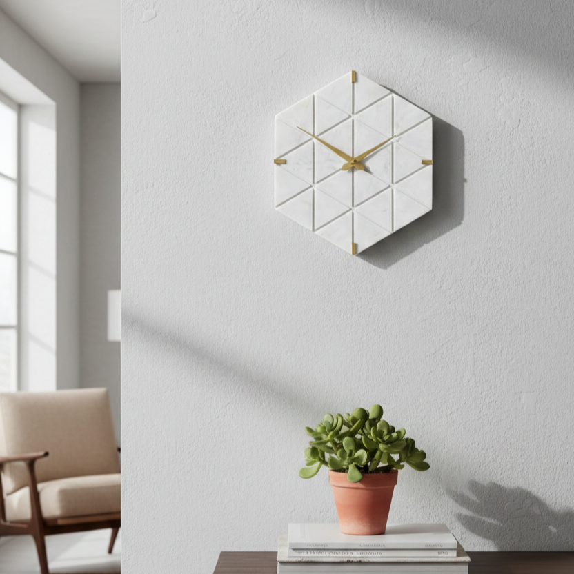 White Marble Hexagon Wall Clock