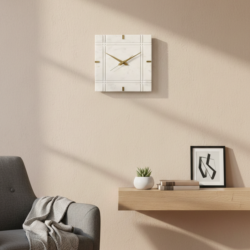 White Marble Square Wall Clock