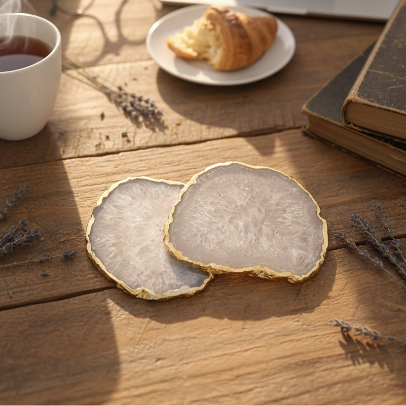 White Crystal Agate Coaster With Gold Plating Set of 2