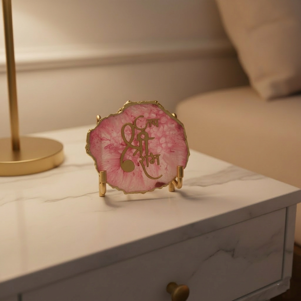 Jai Shree Ram- Pink Agate  Metal Stand