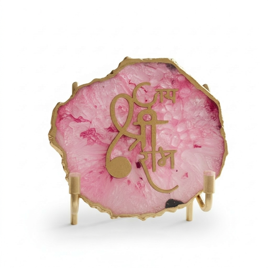 Jai Shree Ram- Pink Agate  Metal Stand