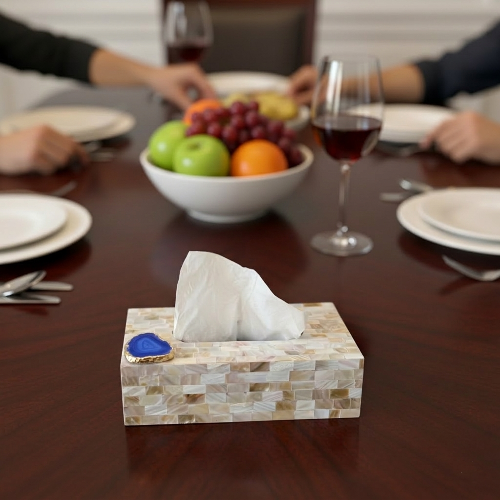White Agate with  Mother of Pearl Tissue Box Holder