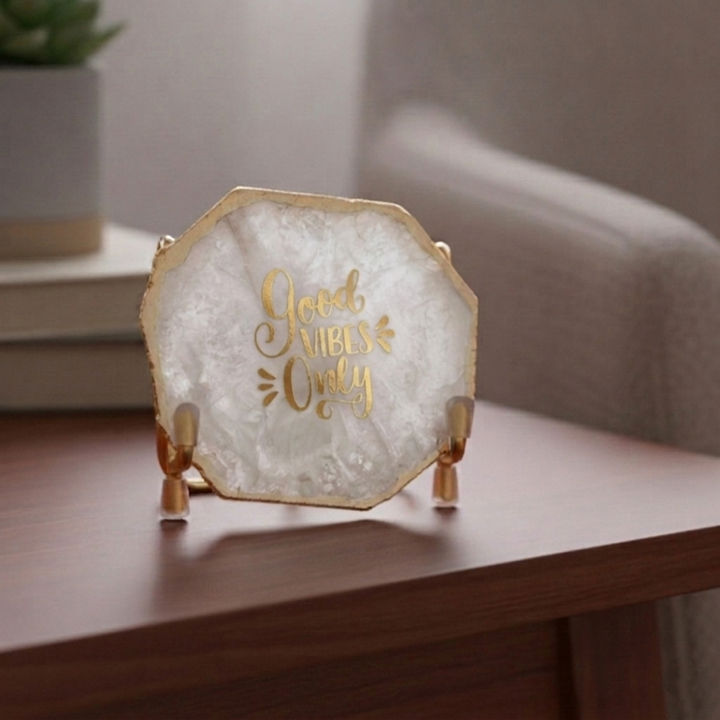 Good Vibes White Agate Metal Showpiece