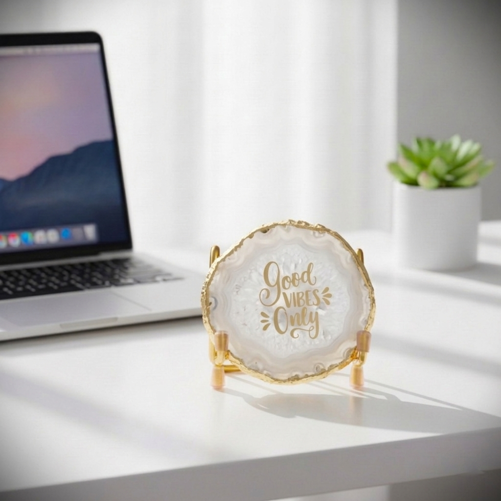 Good Vibes White Agate Metal Showpiece
