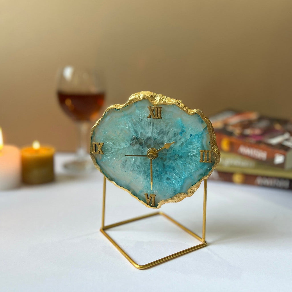 Blue Crystal Agate Desktop Clock with Metal  Stand