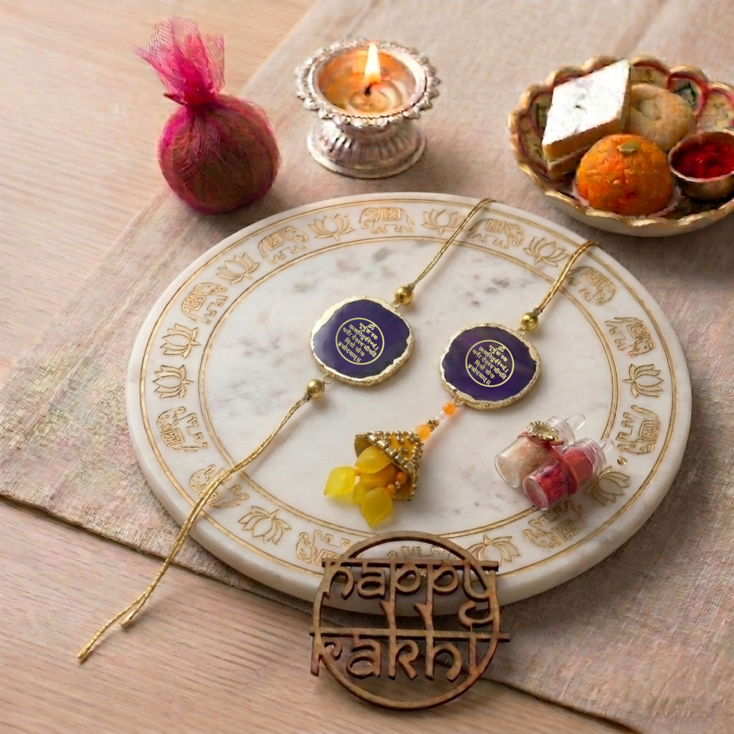 Agate Purple Lumba Rakhi Set With Roli Chawal and Nariyal With Gift Box