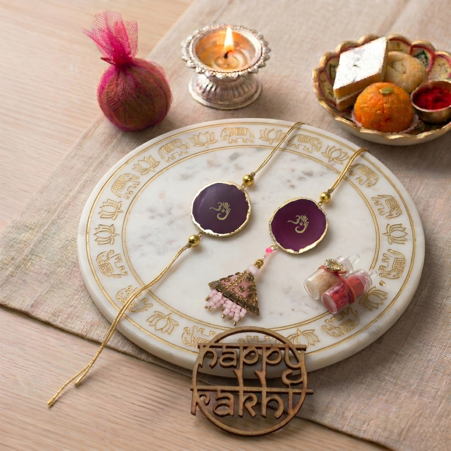 Agate Pink Lumba Rakhi Set With Roli Chawal and Nariyal With Gift Box