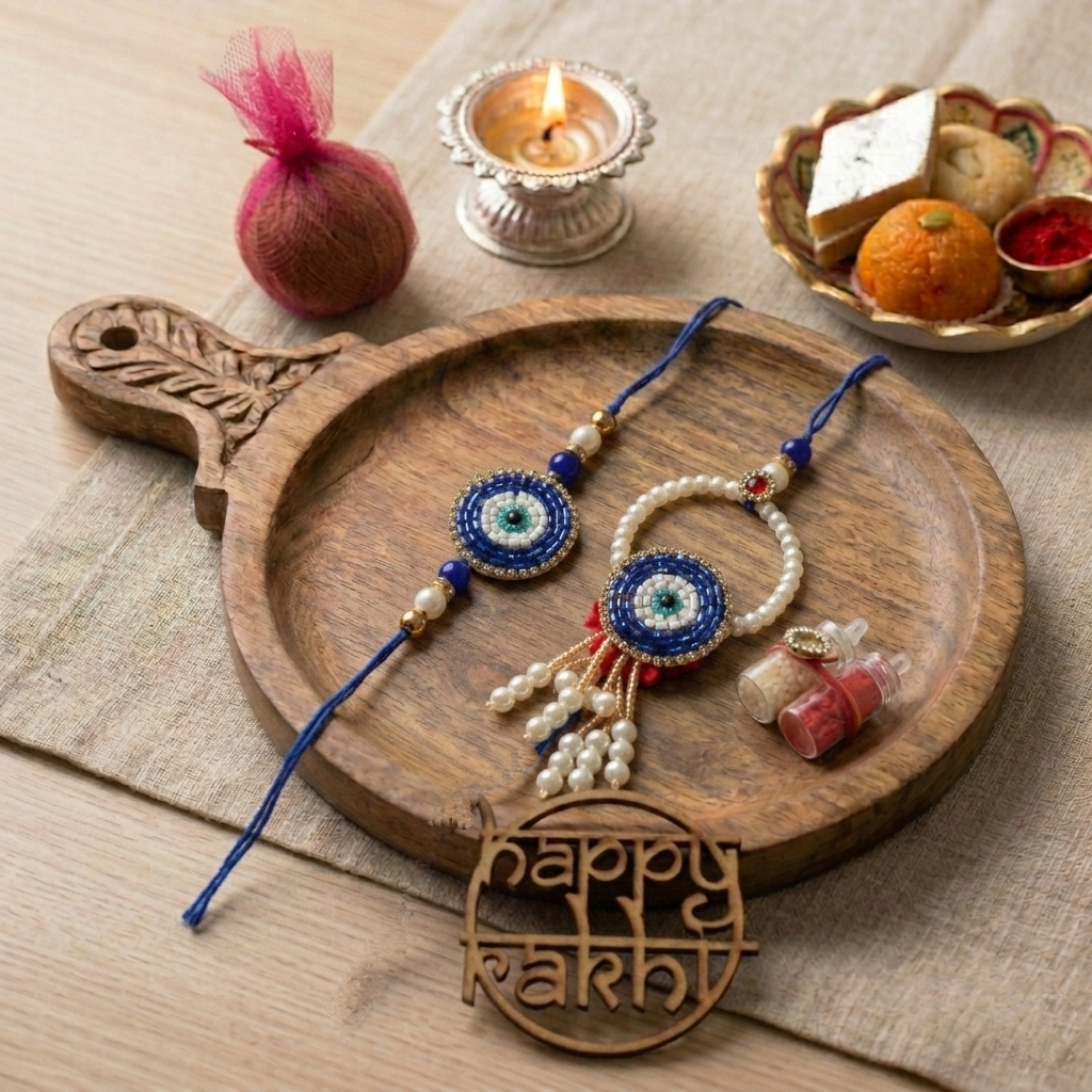 Evil Eye Blue Lumba Rakhi Set With Roli Chawal and Nariyal With Gift Box
