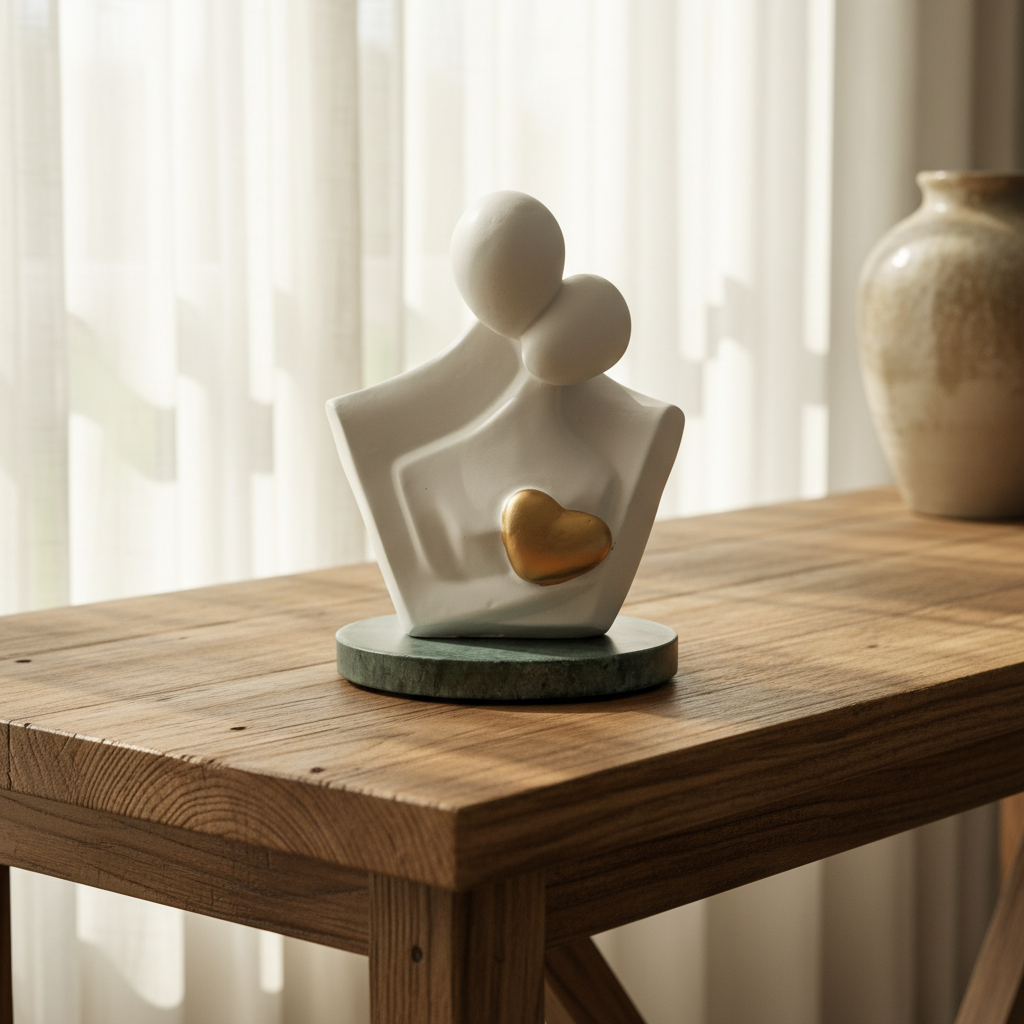 White Couple Showpiece Golden Heart With Green Marble Base