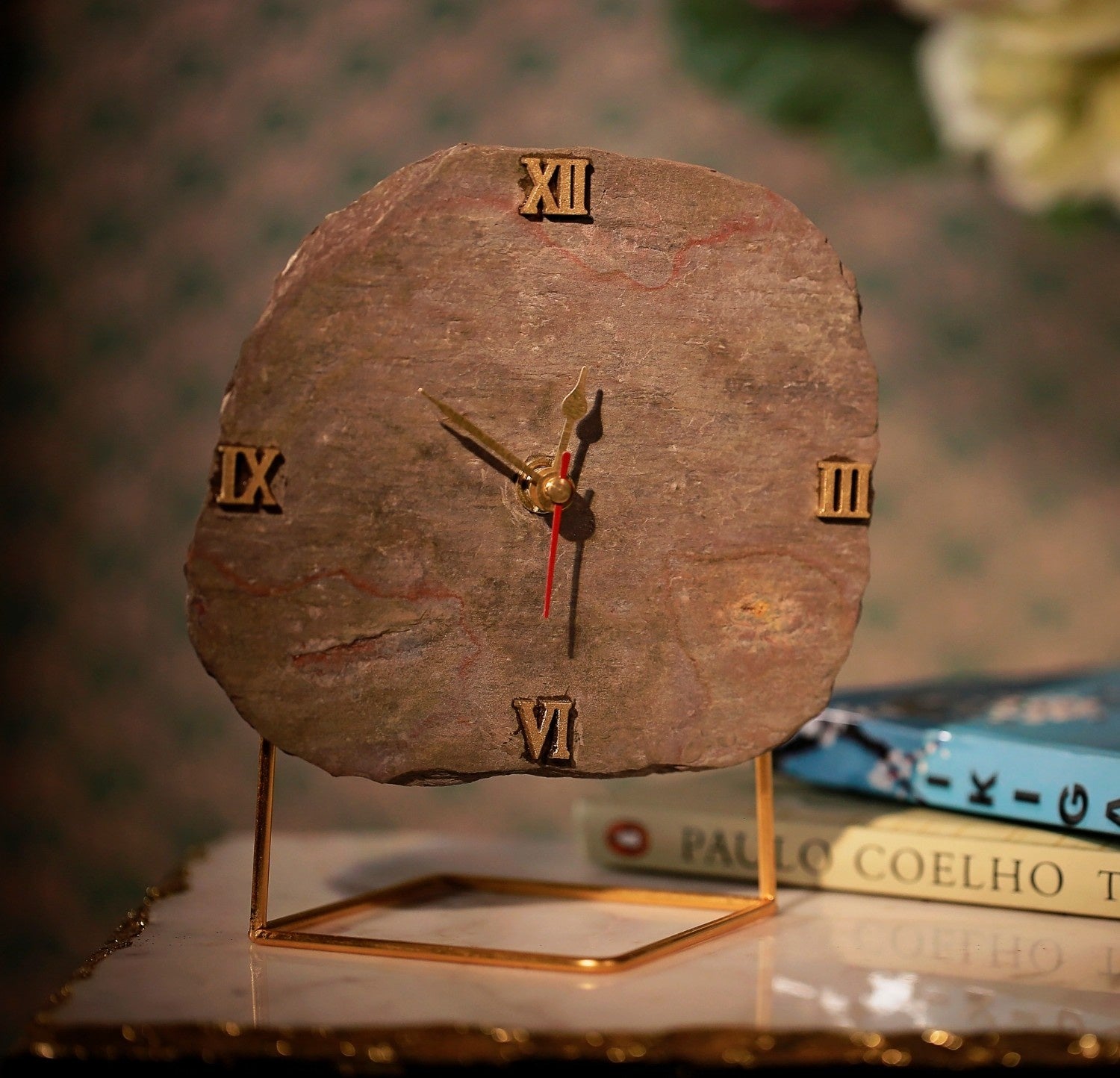 Natural Brown Peacock Slate Desktop Clock