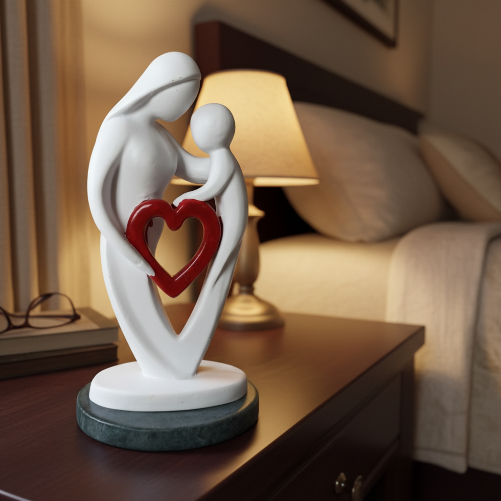 Mother baby red heart showpiece with green marble base