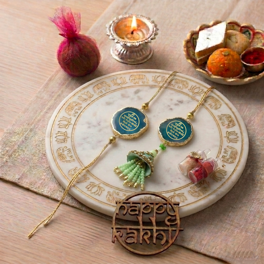 Agate Green Lumba Rakhi Set With Roli Chawal and Nariyal With Gift Box