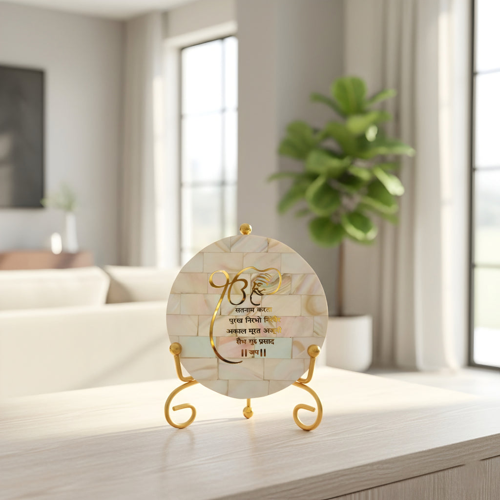 Mother of Pearl Startng of Mool Mantra Showpiece With Metal Stand
