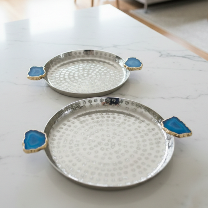 Round Aluminum Tray with White Agate