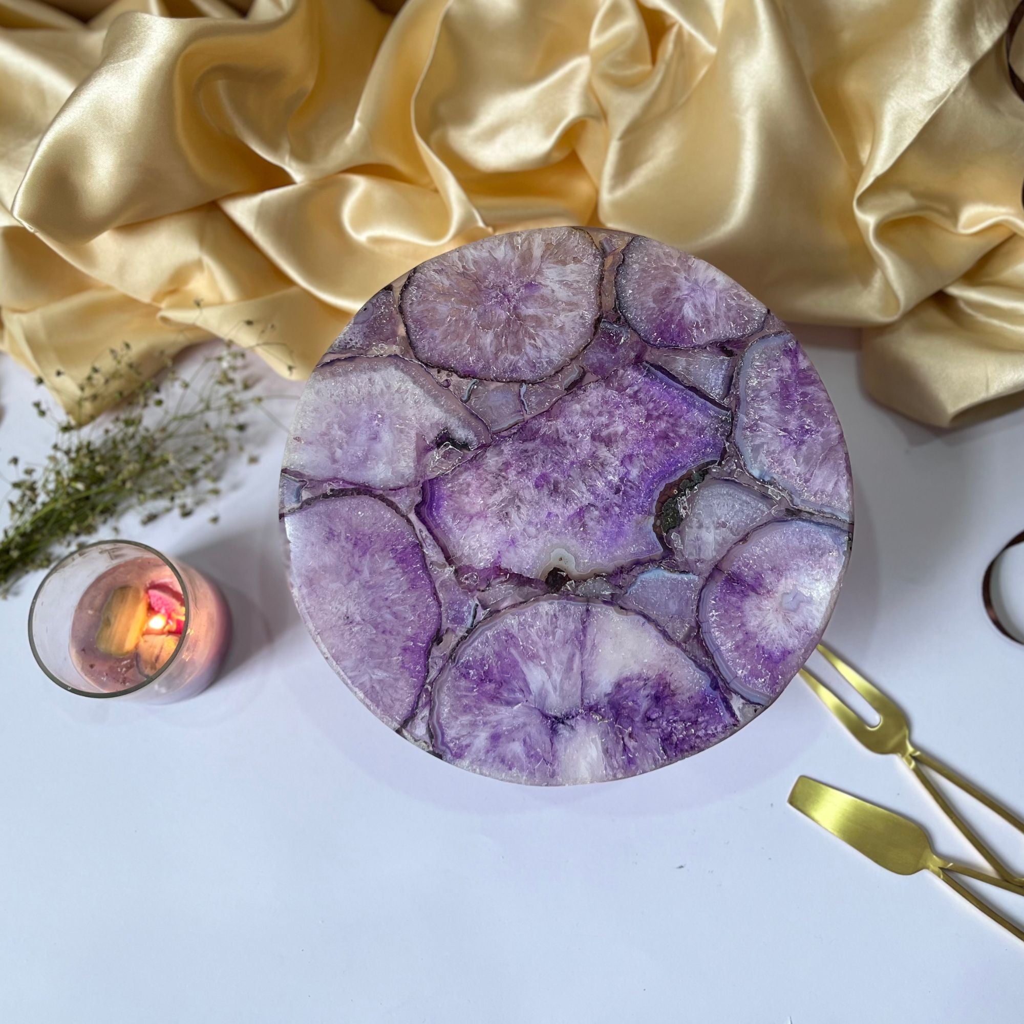 Purple Agate Cake Stand with Wooden Base - 10 Inches
