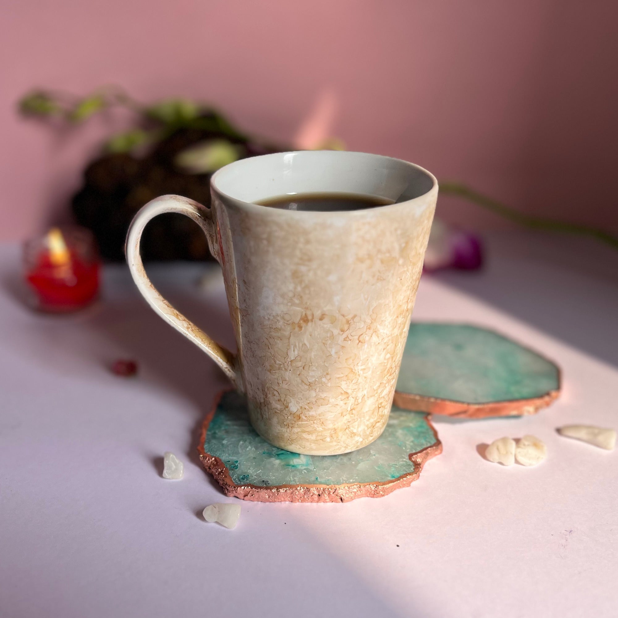 Green  Crystal Agate Coaster With Rose Gold Plating