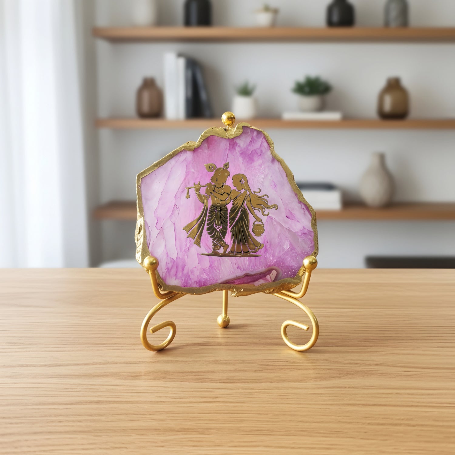 Agate Radha Krishna Showpiece with Metal Stand - Pink