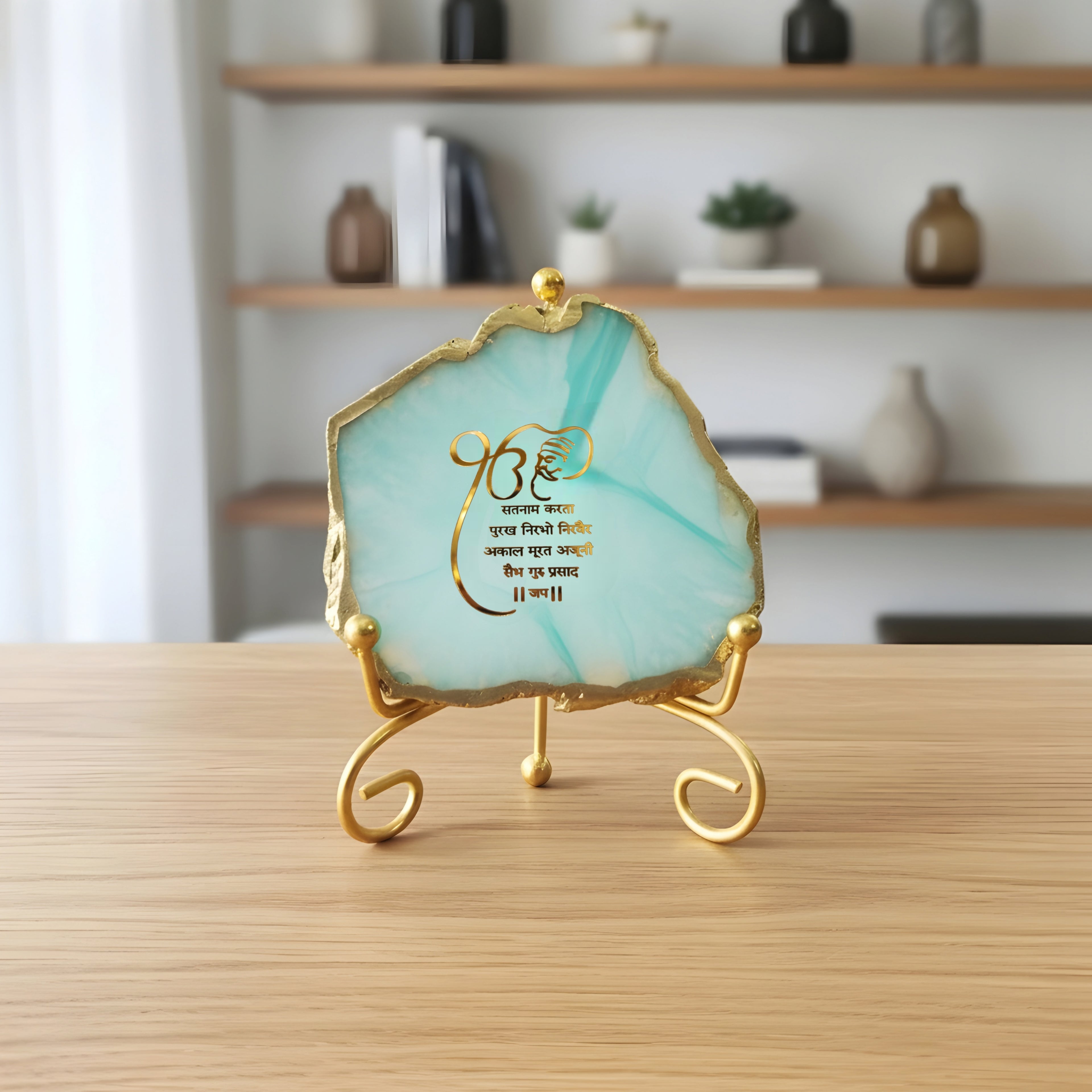 Agate Starting of Mool Mantra Showpiece with Metal Stand - Blue