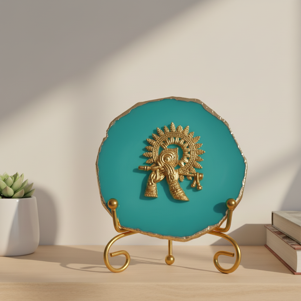 Agate Metal Krishna Showpiece with Metal Stand - White