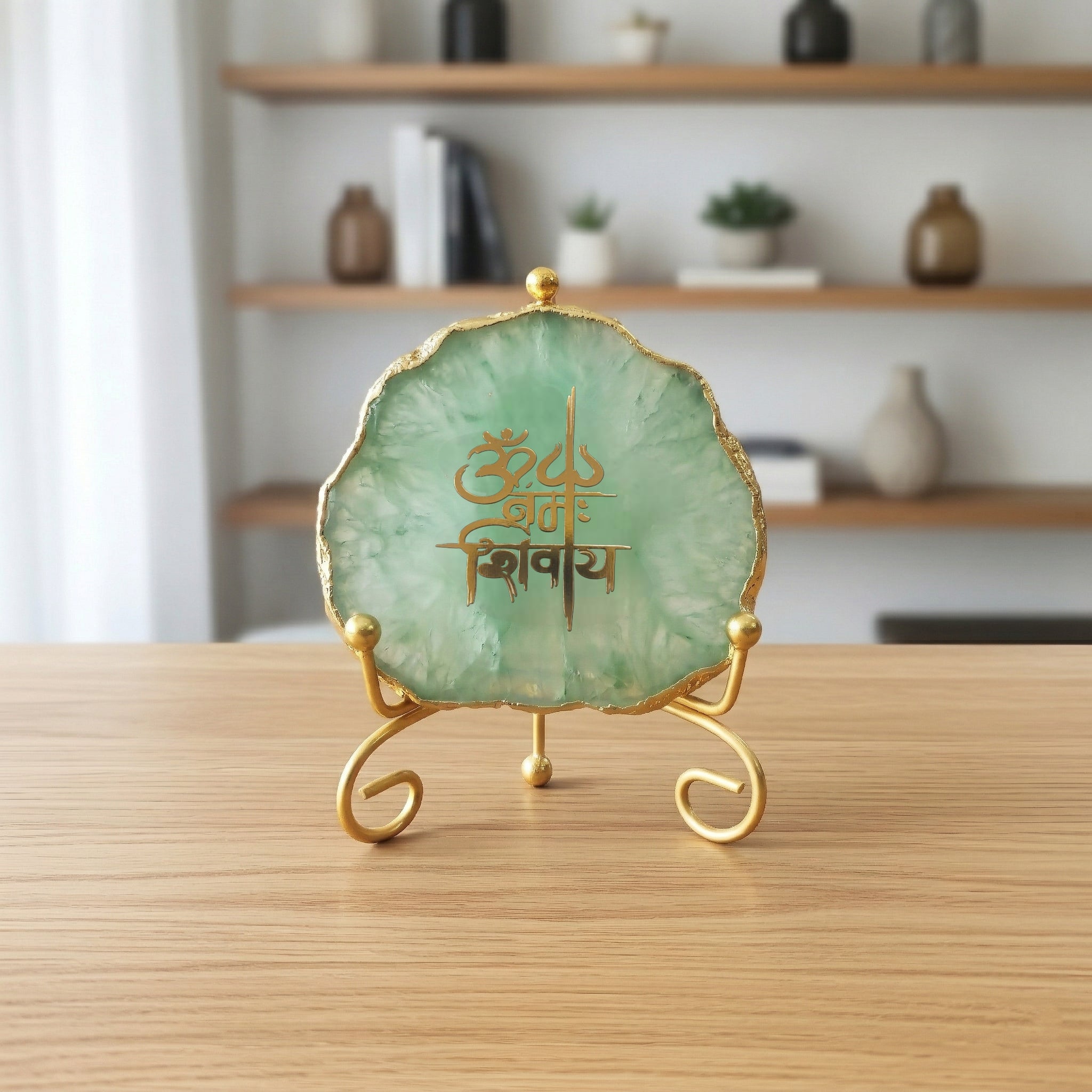 Agate Om Namah Shivay Showpiece with Metal Stand - Blue