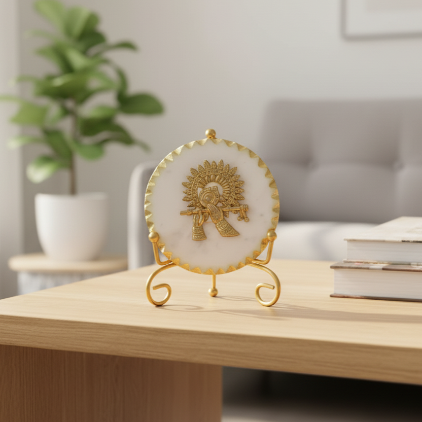 Marble Metal Krishna Showpiece With Metal Stand