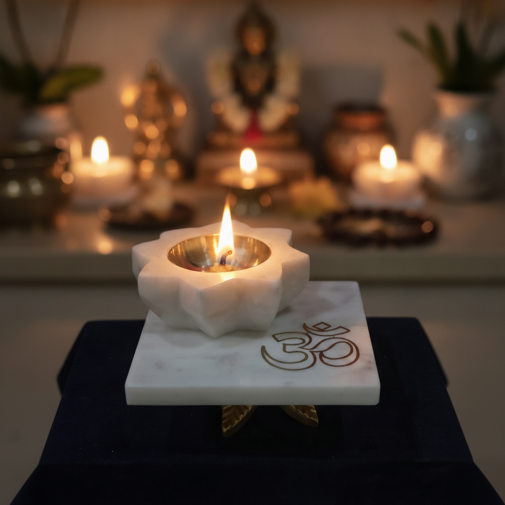 Marble Square Chowki With Marble Brass Diya