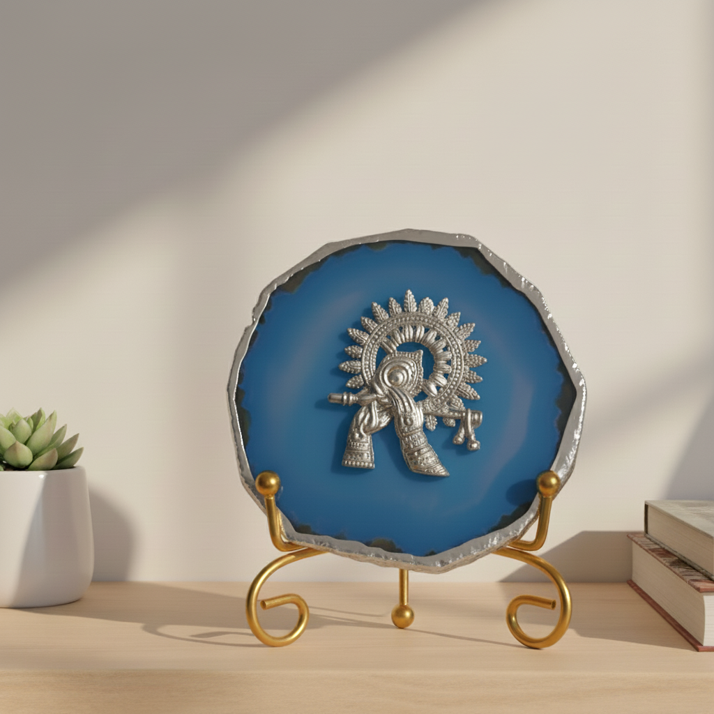 Agate Silver Metal Krishna Showpiece with Metal Stand - White