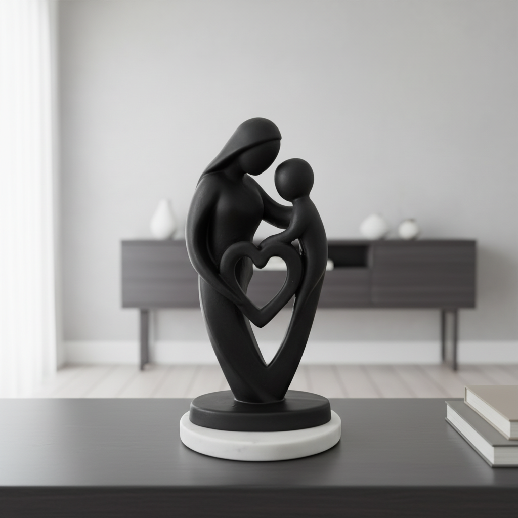 Mother Baby Black Heart Showpiece with White Marble Base