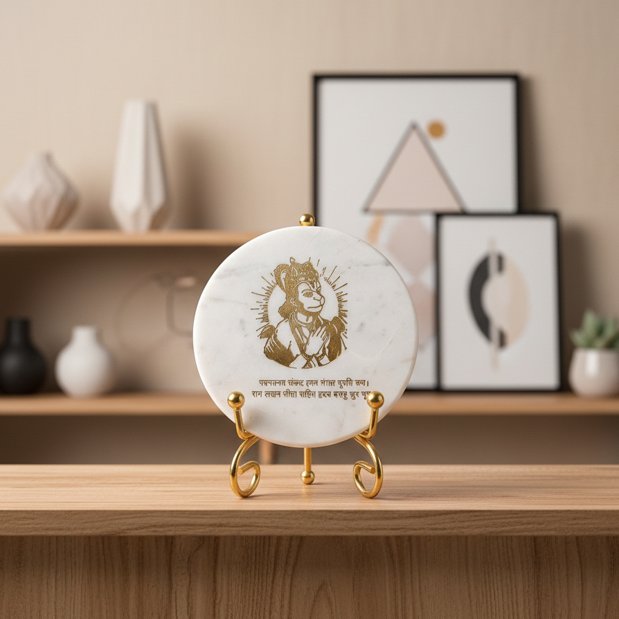 Marble Round Hanuman Showpiece with Metal Stand