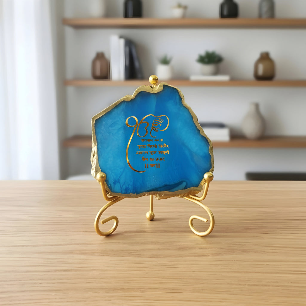 Agate Starting of Mool Mantra Showpiece with Metal Stand - Purple