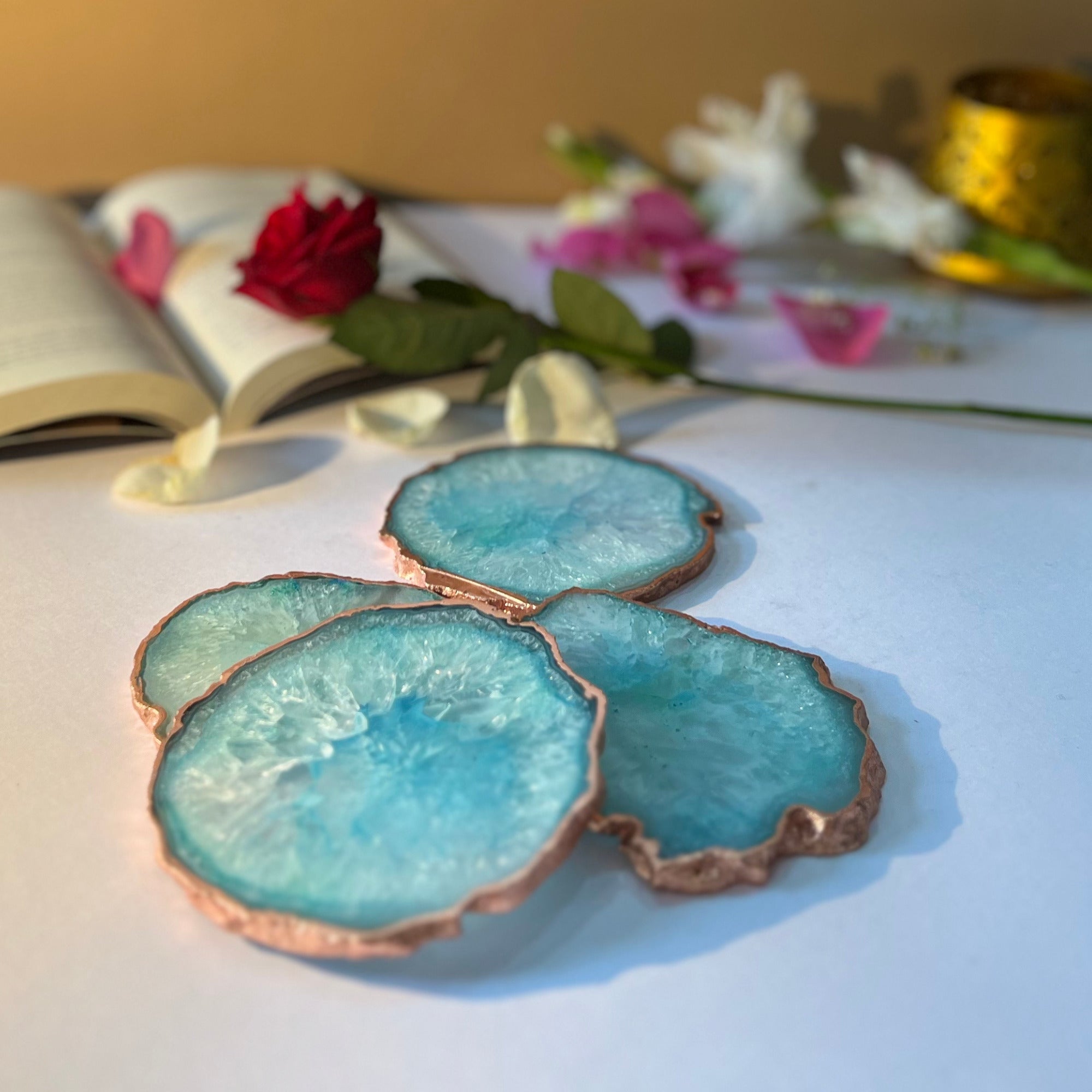 Green  Crystal Agate Coaster With Rose Gold Plating