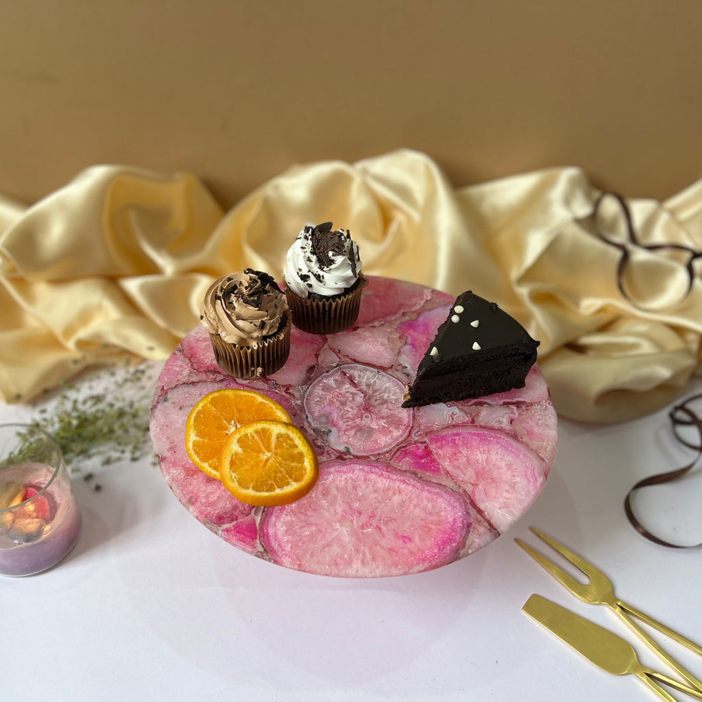 Pink Agate Cake Stand with Wooden Base - 10 Inches