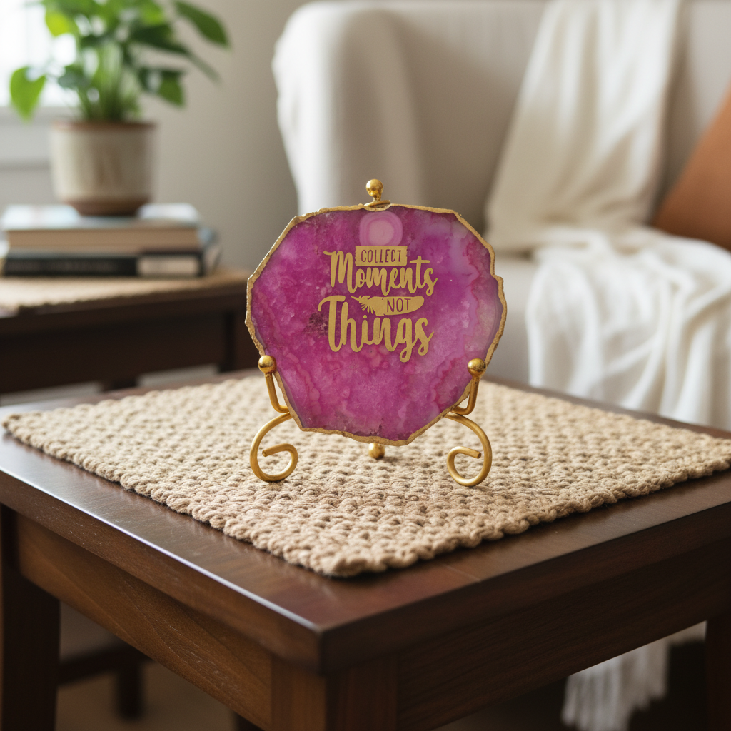 Agate Collect moments not things showpieces with Metal Stand - Pink