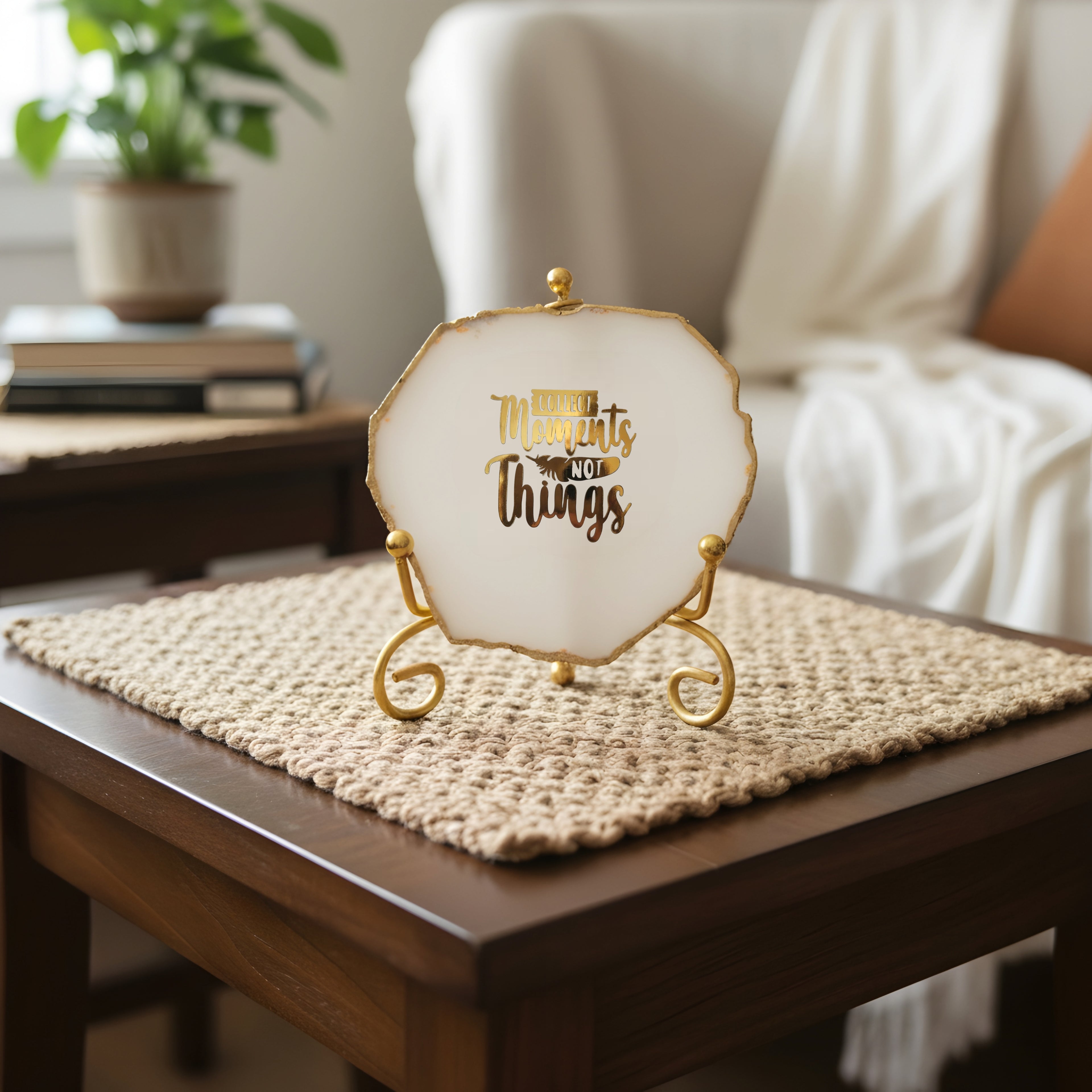 Agate Collect moments not things showpieces with Metal Stand - White