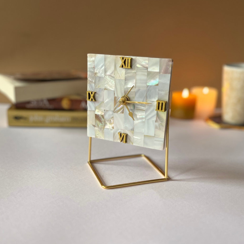 Diamond Mother Of Pearl Desktop Clock  With Metal Stand