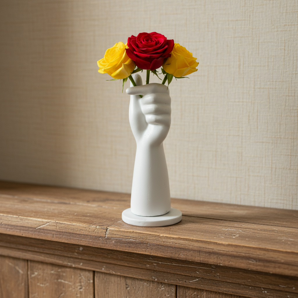 White Hand Flower Pot with White Marble Base