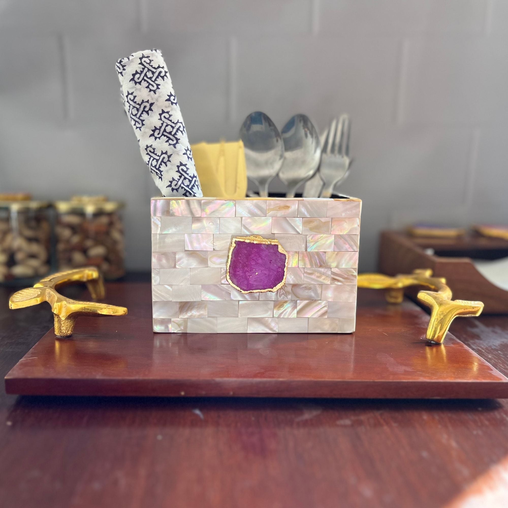 Pink Agate  With Mother Of Pearl Cutlery Holder
