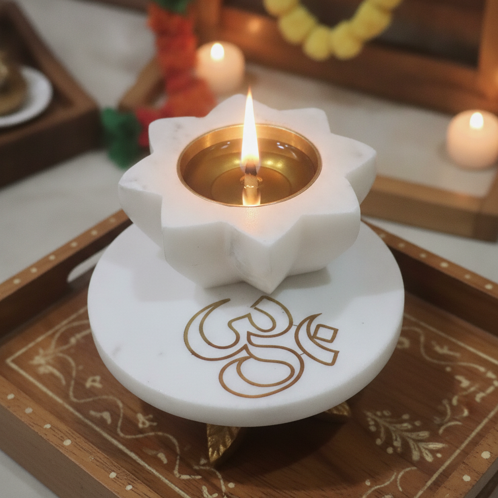 Marble Round Chowki With Marble Brass Diya