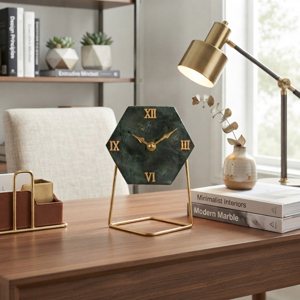 Green Marble Hexagonal Desk Clock With Metal Stand