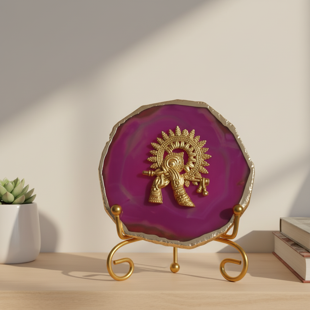 Agate Metal Krishna Showpiece with Metal Stand - Blue