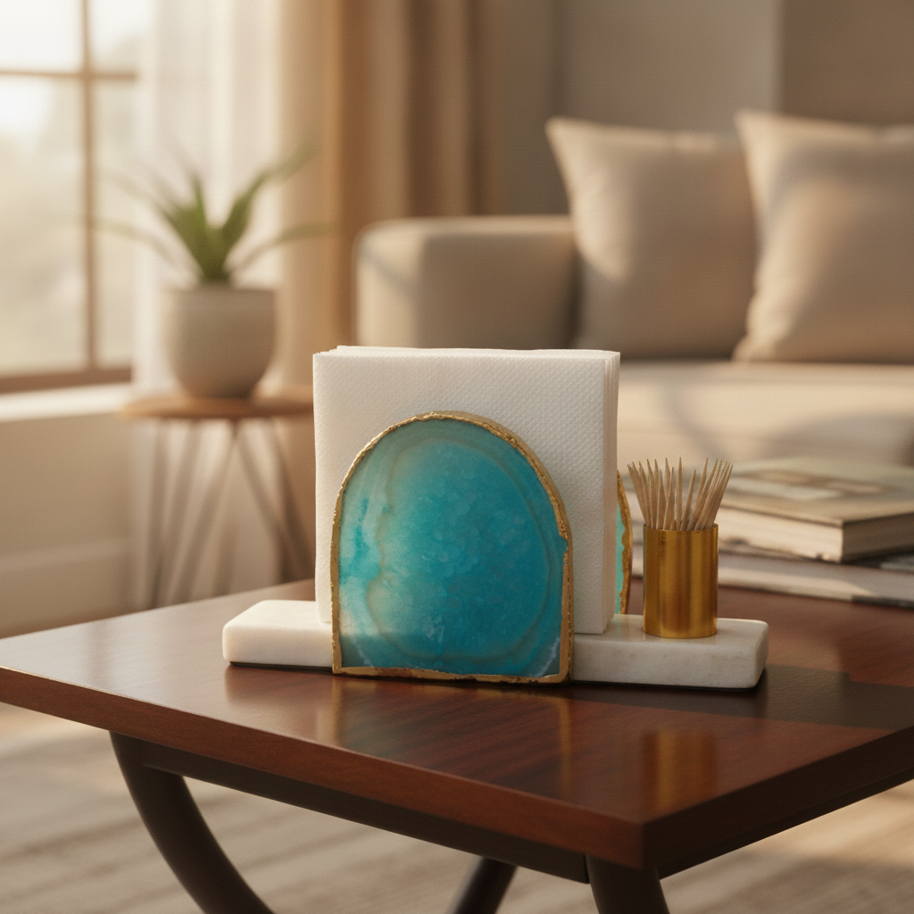 Agate Marble Tissue Holder With Toothpick Holder- Turquoise